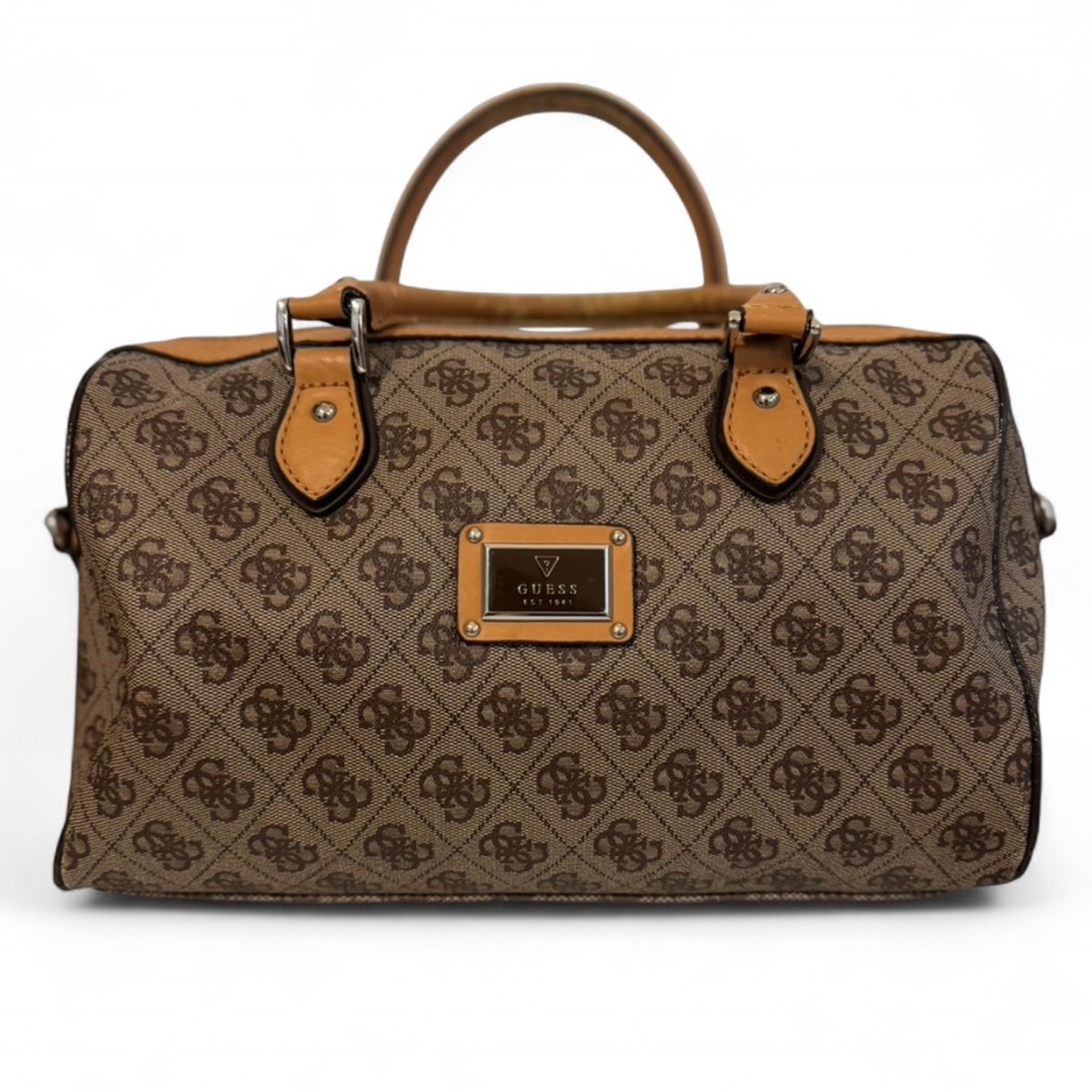 Guess Brown Monogram Satchel with Tan Trim